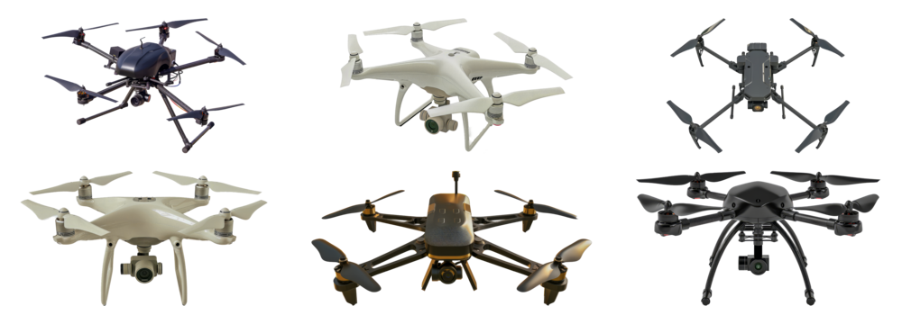 Variety of unmanned aerial vehicles (UAVs) for technology and surveillance cut out png on transparent background