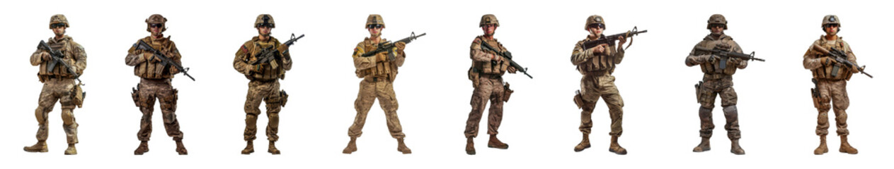 Soldiers in full combat gear with rifles cut out png on transparent background - obrazy, fototapety, plakaty