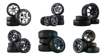 Car tires and alloy wheels collection isolated cut out png on transparent background