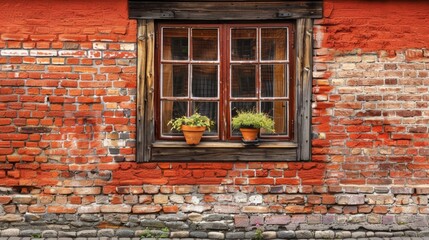 A brick wall with a window and two potted plants, AI