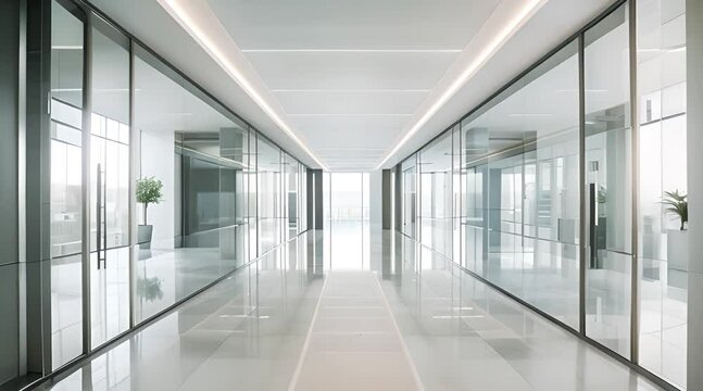 Modern office building with a large wide corridor and glass partitions inside 