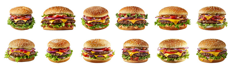 Set of classic beef cheeseburgers with lettuce, tomato, and onion cut out png on transparent...