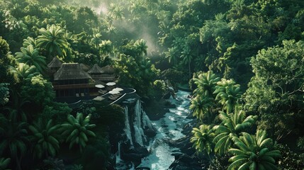 A secluded jungle retreat nestled amidst tropical foliage and cascading waterfalls, featuring luxurious bungalows and open-air pavilions that offer an immersive experience  - obrazy, fototapety, plakaty