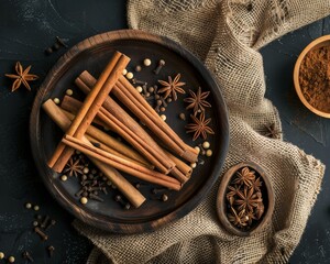 Elegantly styled cinnamon sticks, star anise, and assorted spices on dark backdrop with natural textures and tones