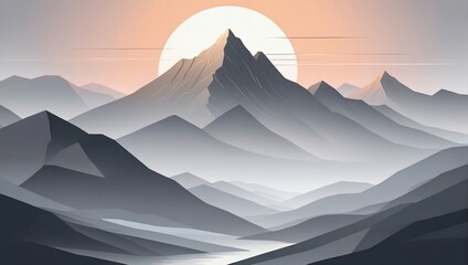 Abstract minimalistic background with mountains and hills at sunset or sunrise in gray and silver tones.