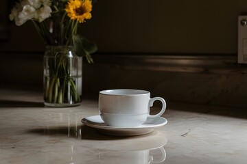 Obraz na płótnie Canvas Elegant white cup and saucer grace a polished marble countertop