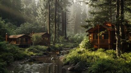 A secluded mountain lodge surrounded by towering redwoods and crystal-clear streams, with rustic-chic cabins and outdoor hot tubs that invite  - obrazy, fototapety, plakaty