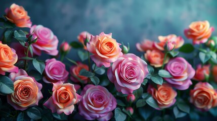 Gorgeous rose blooms captured in various shades of pink and orange amidst a serene, cool blue background setting