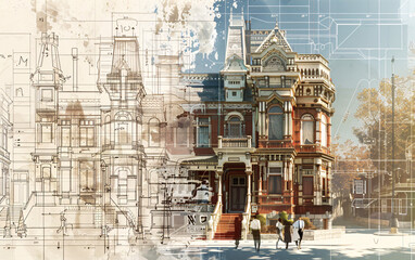Victorian Architectural Blueprint to Reality Transition,
Evolution of Victorian Townhouse from Sketch to Structure
Victorian-Era Facade Development: Blueprint to Building