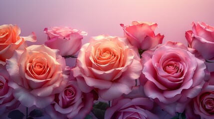 A stunning visual of pink roses in full bloom against a soothing gradient pink to white background