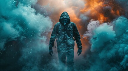 A man in a gas mask standing next to clouds and smoke, AI - Powered by Adobe