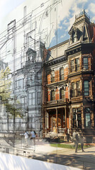 Obraz premium Victorian Architectural Blueprint to Reality Transition, Evolution of Victorian Townhouse from Sketch to Structure Victorian-Era Facade Development: Blueprint to Building