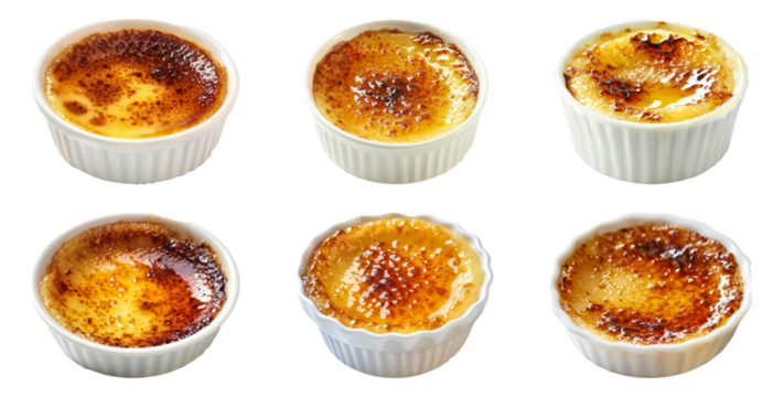 Variety of creme brulee in white ramekins cut out png on transparent background