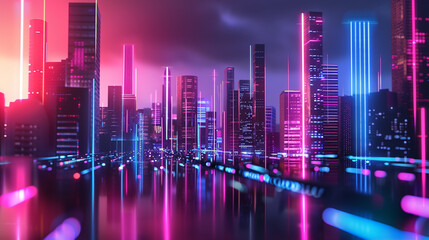 Futuristic urban skyline, neon lights, 3D perspective