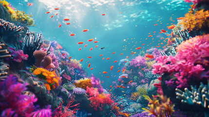 Naklejka na ściany i meble Vibrant underwater coral reef scene, colorful marine life, 3D