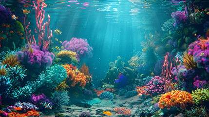 Vibrant underwater coral reef scene, colorful marine life, 3D