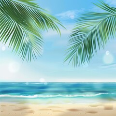 Fototapeta na wymiar Tropical beach background with palm leaves and sandy shore 