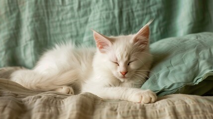 Elegant White Kitten in a Relaxed Pose on a Serene Sage Background, Highlighted by Natural Lighting for a Photorealistic Effect