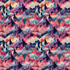 stylized mountains seamless pattern, abstract colorful landscape background, fashion print, decorative texture