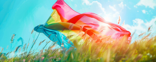 Lush Greenery with Gay Pride Rainbow Flag - Low Angle View
