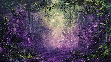 A mystical faerie glen texture woodland abstract art from an enchanting original painting for abstract background in green purple color detailed Enchanted woodland. 