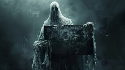 The ghost holding up a large signboard - obrazy, fototapety, plakaty