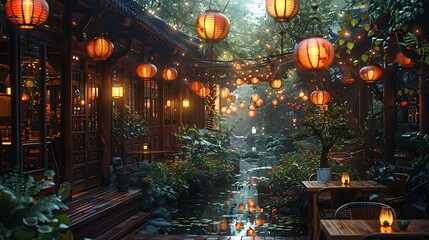 Discover the allure of a hidden oasis in the heart of the city a?" a charming night cafe where the soft glow of lanterns illuminates the laughter and camaraderie of its patrons.