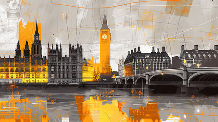 Big Ben and London cityscape double exposure contemporary style minimalist artwork collage illustration