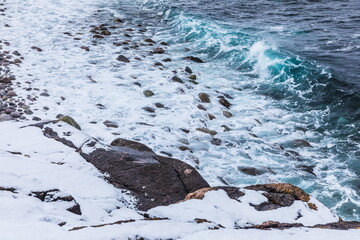 northern polar landscapes in the Teriberka Nature Park on the shore of the Barents Sea, Murmansk, Russia
