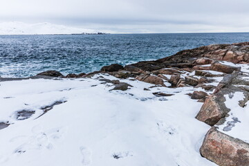 northern polar landscapes in the Teriberka Nature Park on the shore of the Barents Sea, Murmansk, Russia