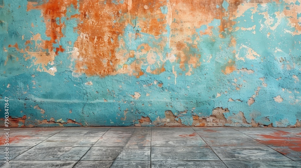 Wall mural A room with a blue and orange wall, tile flooring, AI