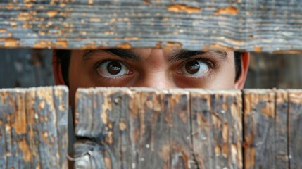 A man peeking through a wooden fence with his eyes, AI - Powered by Adobe