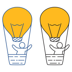 Business man flying sky air balloon light bulb idea.Flying light bulb.Startup idea.Light bulb floating balloon flying high in the sky.Doodle little people.