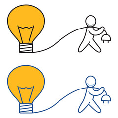 Creative idea. Man with light bulb. Brainstorming and insight. Plug and cable.Hands holding a light bulb plug, Brain charging and mental rest. Doodle little people.