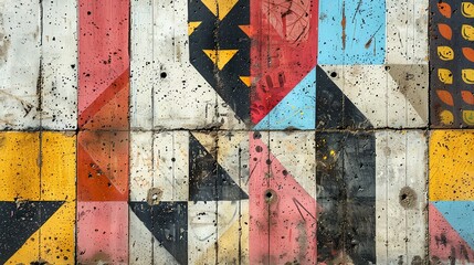 Colorful geometric shapes painted on a concrete wall.