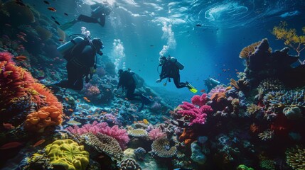 Fototapeta na wymiar Underwater exploration: A team of divers explores a colorful coral reef, documenting the rich biodiversity of the underwater world.