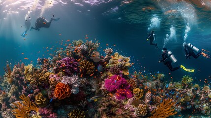 Underwater exploration: A team of divers explores a colorful coral reef, documenting the rich biodiversity of the underwater world.