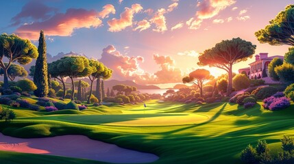 A serene painting capturing the beauty of a golf course at sunset, with vibrant colors blending into the horizon as golfers take their final swings of the day under the golden sky.