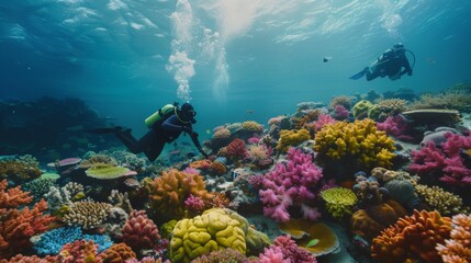 Underwater exploration: A team of divers explores a colorful coral reef, documenting the rich biodiversity of the underwater world. - obrazy, fototapety, plakaty