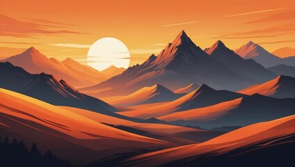 Abstract minimalistic background with mountains and hills at sunset or sunrise in orange and yellow tones.