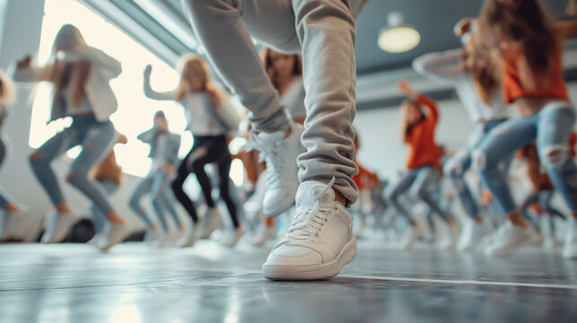 Teens practicing intricate footwork and body isolations in a street dance workshop. Beauty, health, professionalism, team
