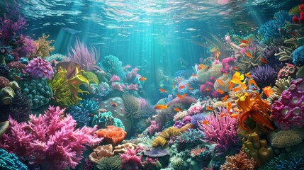 Naklejka na ściany i meble Underwater wonder: Colorful coral reefs teem with life beneath the surface of the ocean, creating a mesmerizing underwater landscape.