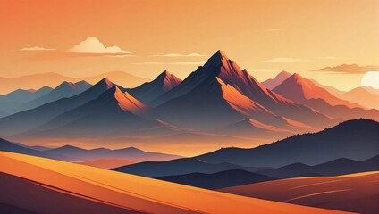 Abstract minimalistic background with mountains and hills at sunset or sunrise in orange and yellow tones.