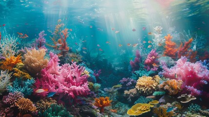 Fototapeta na wymiar Underwater wonder: Colorful coral reefs teem with life beneath the surface of the ocean, creating a mesmerizing underwater landscape.