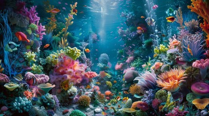 Fototapeta na wymiar Underwater wonderland: A vibrant underwater garden of coral and sea anemones provides a colorful backdrop for a diverse array of marine life.