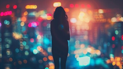A woman standing in front of a cityscape with lights, AI