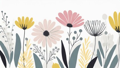 Horizontal background with minimalistic flowers in a row