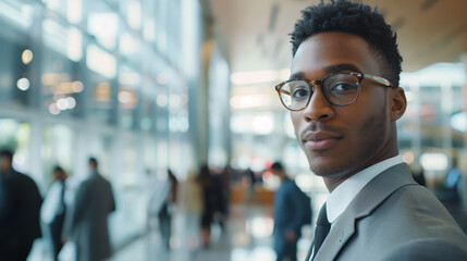 Stylish Young African American Businessman in Bustling Corporate Environment