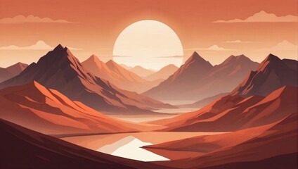 Abstract minimalistic background with mountains and hills at sunset or sunrise in rust and terracotta tones.