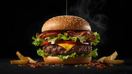 Deconstructed Deliciousness: A Floating Bacon Cheeseburger Masterpiece (Photorealistic Design)